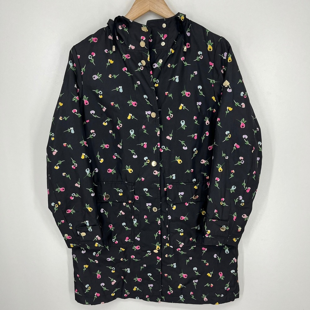 Kate Spade New York Black Floral Hooded Rain Jacket K10775UP Womens XS